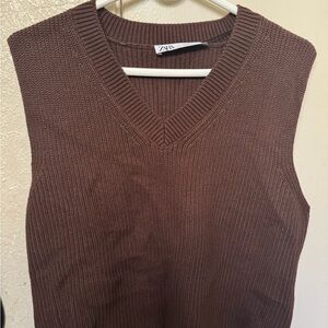 Zara Brown V-Neck Knit Sweater Vest